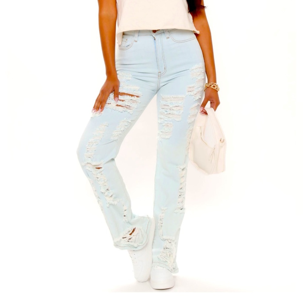 Fashion Nova stretch Destoryed flare jeans Light blue